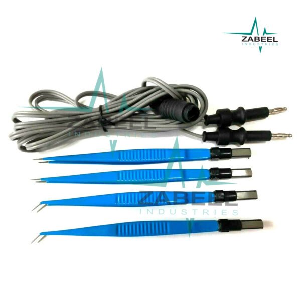 4 X Bipolar Forceps 2 STR & 2CVD 12cm Tip 1mm & 3 MTR Cable Electro Surjery CE
