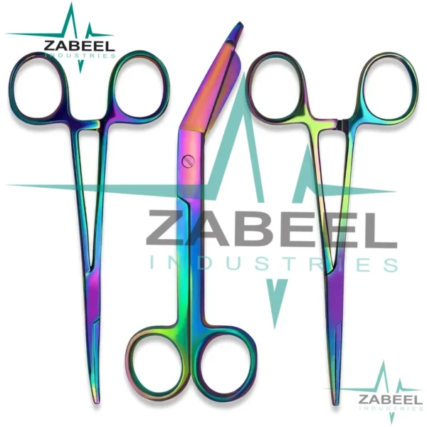 3 Pcs Hemostats Forceps & Bandage Scissor Set 5.5″ – Rainbow Color By ZaBeel Industries