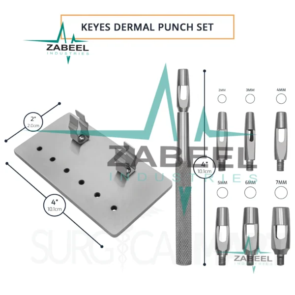 Keyes Dermal Punch Set 2, 3, 4, 5, 6, & 7mm with Handle By ZaBeel Industries