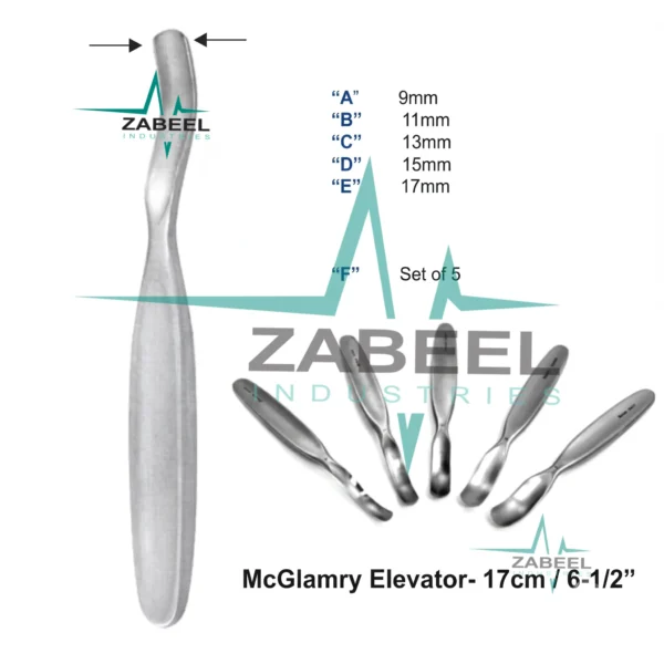 McGlamry Periosteal Elevator (9,11,13,15,17)mm 6-1/2'' Set OF 5 Orthropedic By ZaBeel Industries
